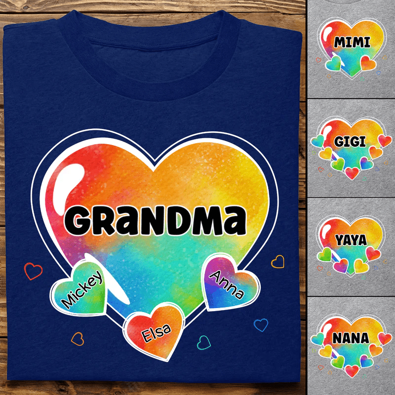 Family - Colorful Sweet Heart Grandma Auntie Mom Kids - Personalized T - Shirt - Makezbright Gifts