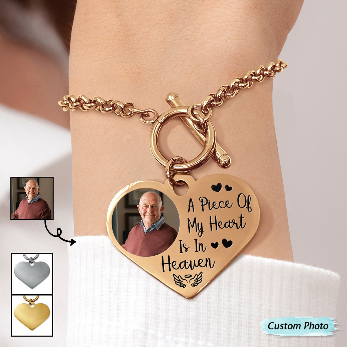 Family - Custom Photo A Piece Of My Heart Is In Heaven Memorial - Personalized Heart Bracelet - Makezbright Gifts