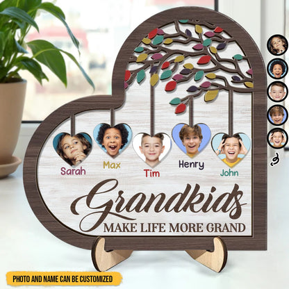 Family - Custom Photo Grandkids Make Life Grand - Personalized 2 - Layered Wooden Plaque With Stand - Makezbright Gifts