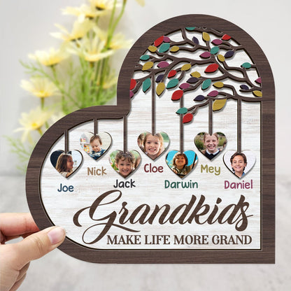 Family - Custom Photo Grandkids Make Life Grand - Personalized 2 - Layered Wooden Plaque With Stand - Makezbright Gifts