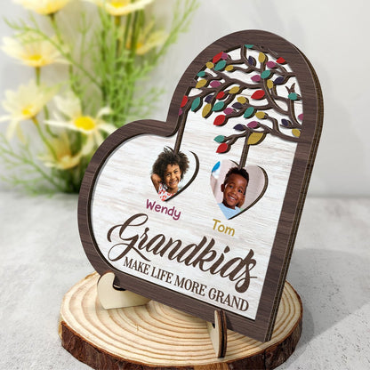 Family - Custom Photo Grandkids Make Life Grand - Personalized 2 - Layered Wooden Plaque With Stand - Makezbright Gifts