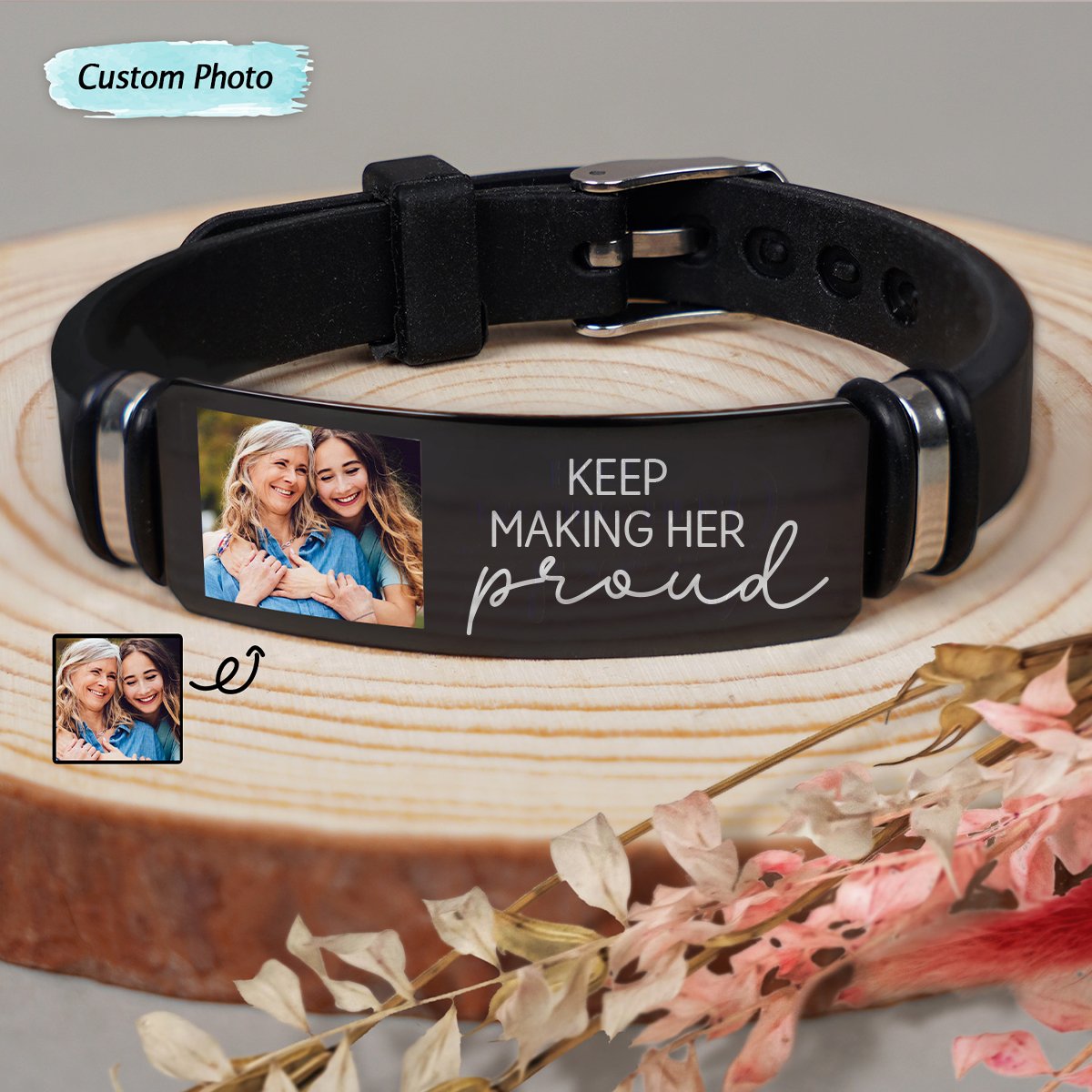 Family - Custom Photo Keep Making Her Proud - Personalized Engraved Bracelet - Makezbright Gifts