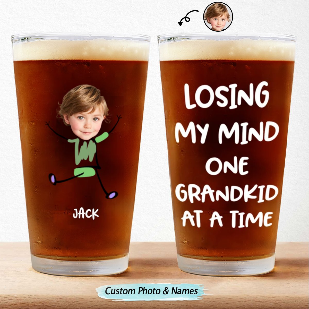 Family - Custom Photo Losing My Mind One Kid At A Time - Personalized Pint Glass - Makezbright Gifts