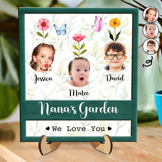 Family - Custom Photo Nana's Garden We Love You - Personalized 2 - Layered Wooden Plaque With Stand - Makezbright Gifts