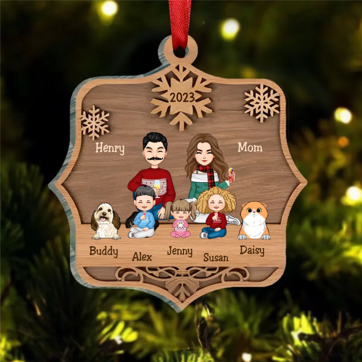 Family - Cute Family Sitting - Personalized Acrylic Ornament - Makezbright Gifts