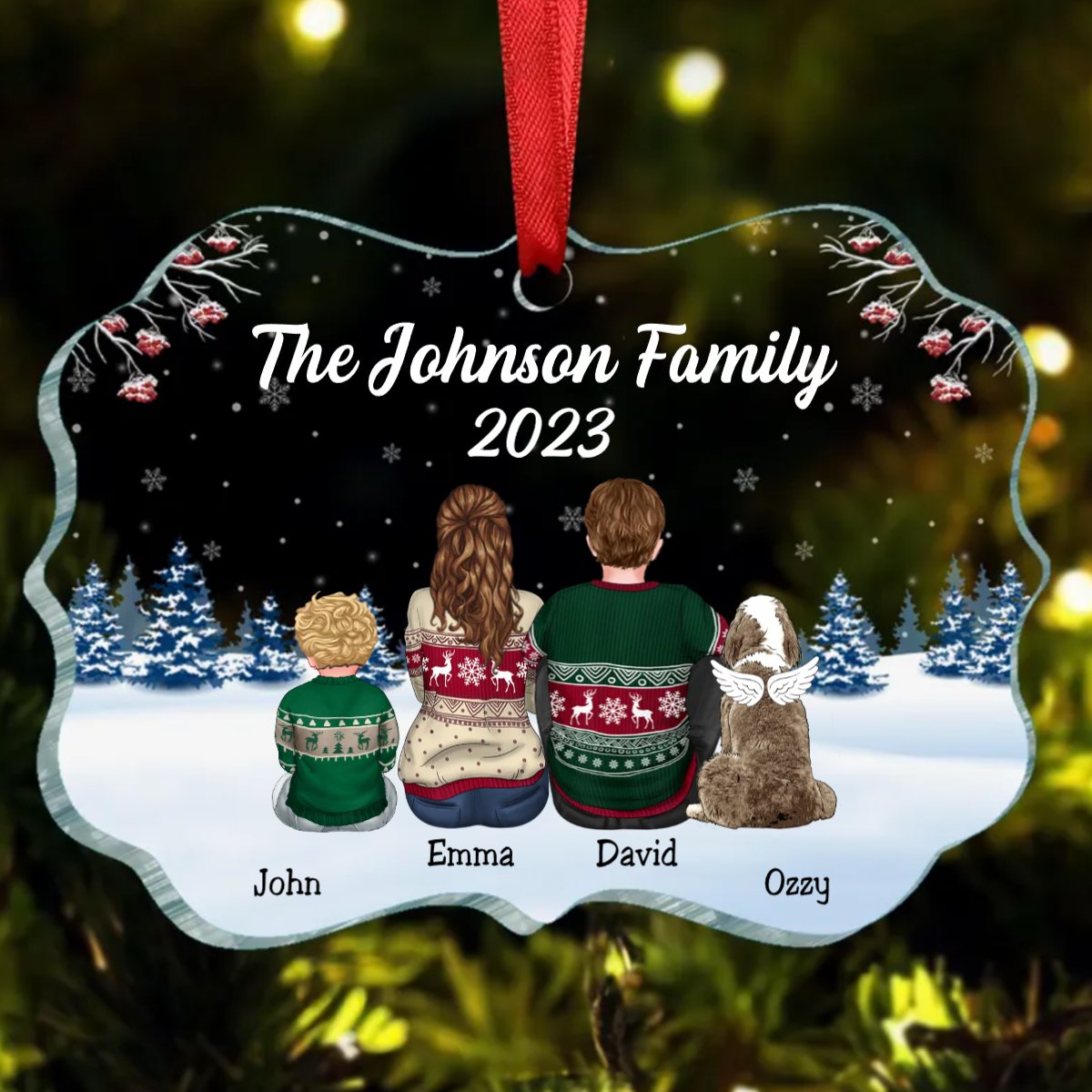 Family - Dad Mom Kids Dogs Cats Snow Background - Personalized Acrylic Ornament - Makezbright Gifts