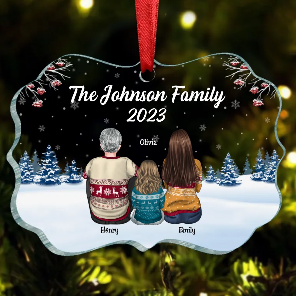 Family - Dad Mom Kids Dogs Cats Snow Background - Personalized Acrylic Ornament - Makezbright Gifts