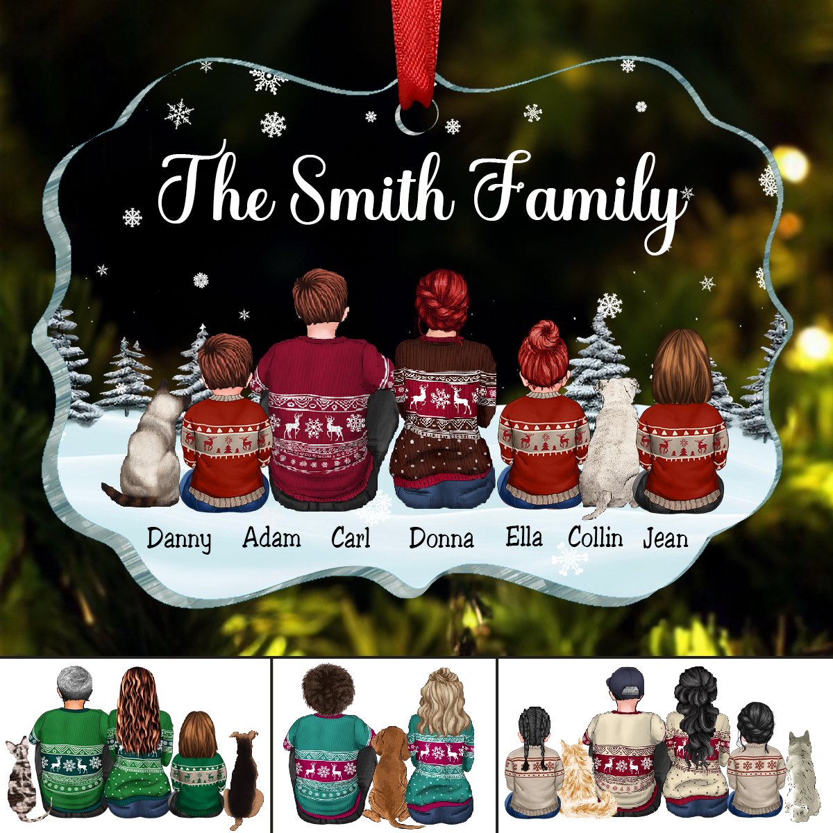 Family - Dad Mom Kids Dogs Cats Snow Background - Personalized Ornamen ...