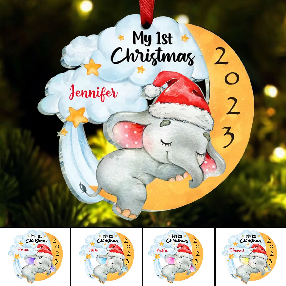 Family - Elephant Baby First Christmas - Personalized Acrylic Ornament - Makezbright Gifts