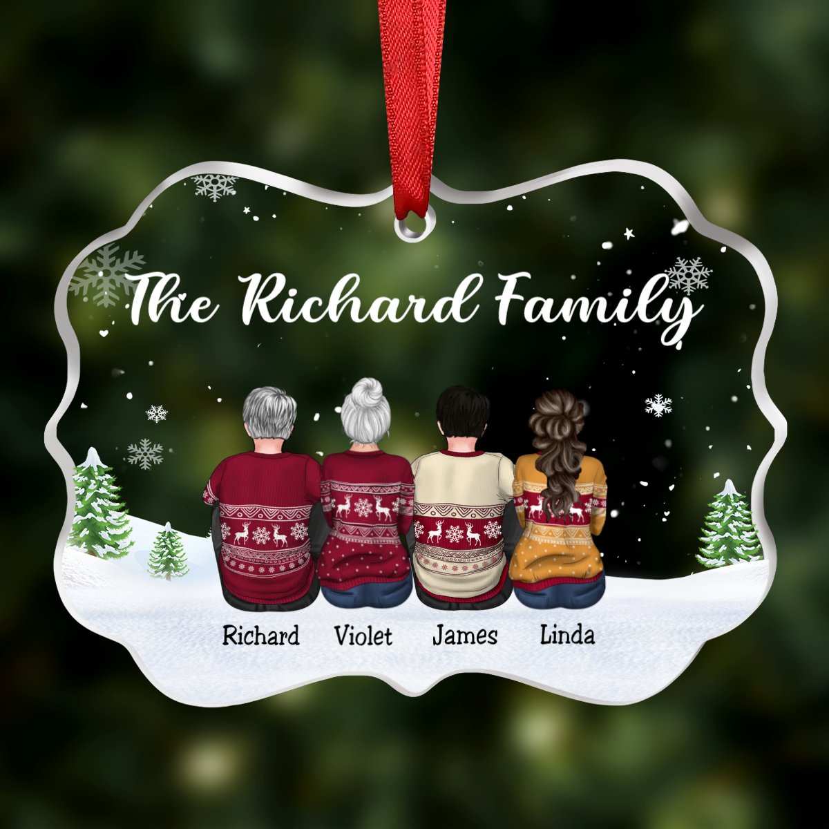 Family - Family Dad Mom Snow Background - Personalized Transparent Ornament - Makezbright Gifts