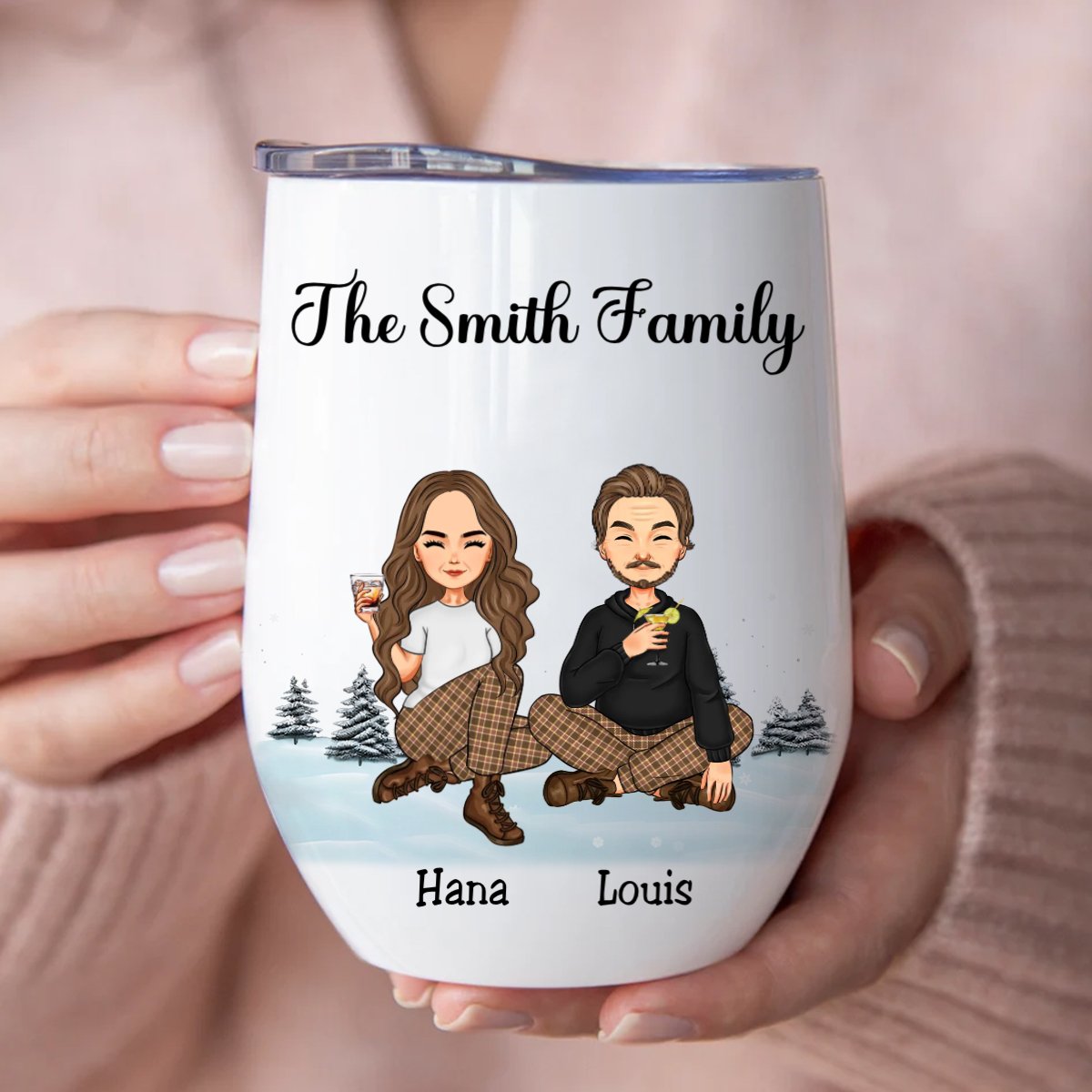 Family - Family Snow Background Ver 3 - Personalized Wine Tumbler - Makezbright Gifts