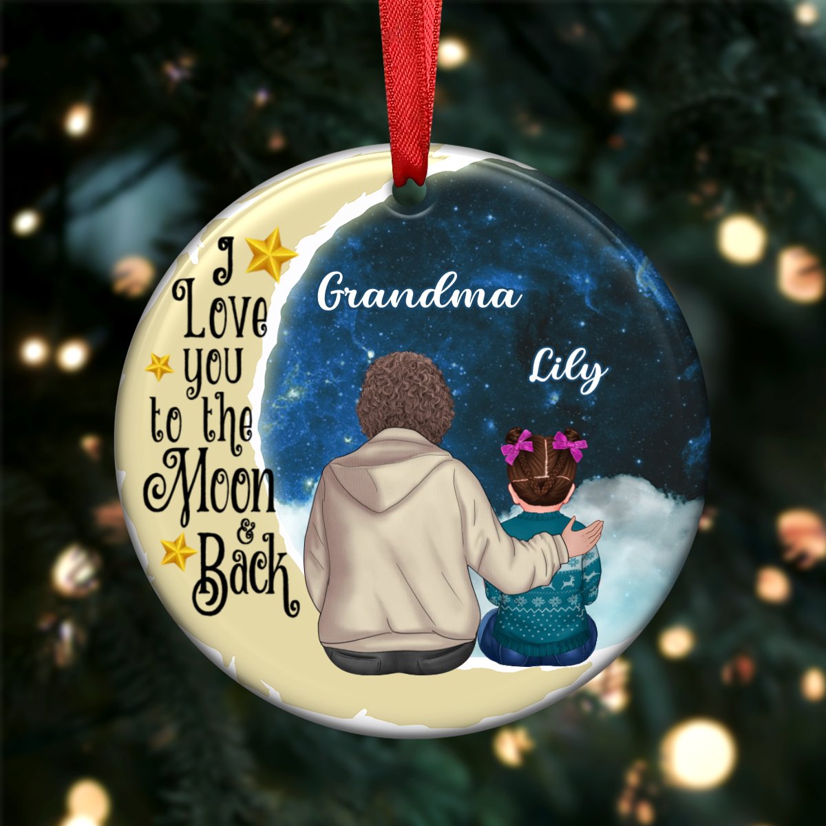 Family - Grandma Grandkids On Moon - Personalized Circle Ornament - Makezbright Gifts