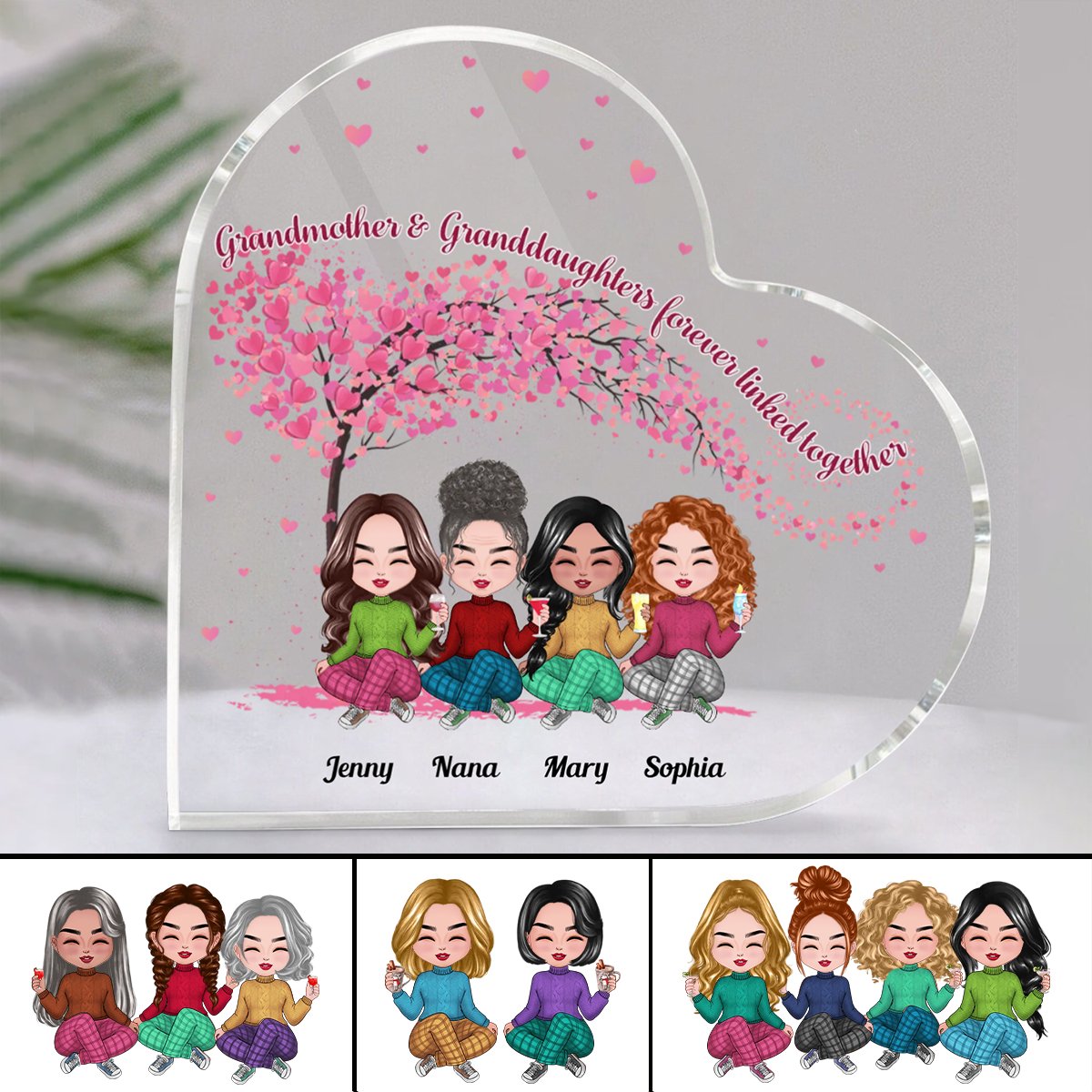 Family - Grandmother & Granddaughters Forever Linked Together - Personalized Acrylic Plaque (HEART) - Makezbright Gifts