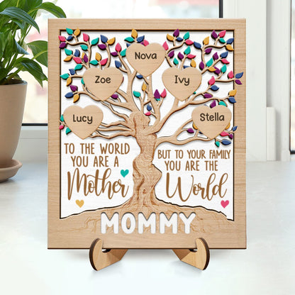 Family - Heart Tree Mom - Personalized 2 - Layered Wooden Plaque With Stand - Makezbright Gifts