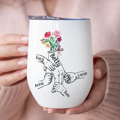 Family - Holding Flowers Hand - Personalized Wine Tumbler - Makezbright Gifts