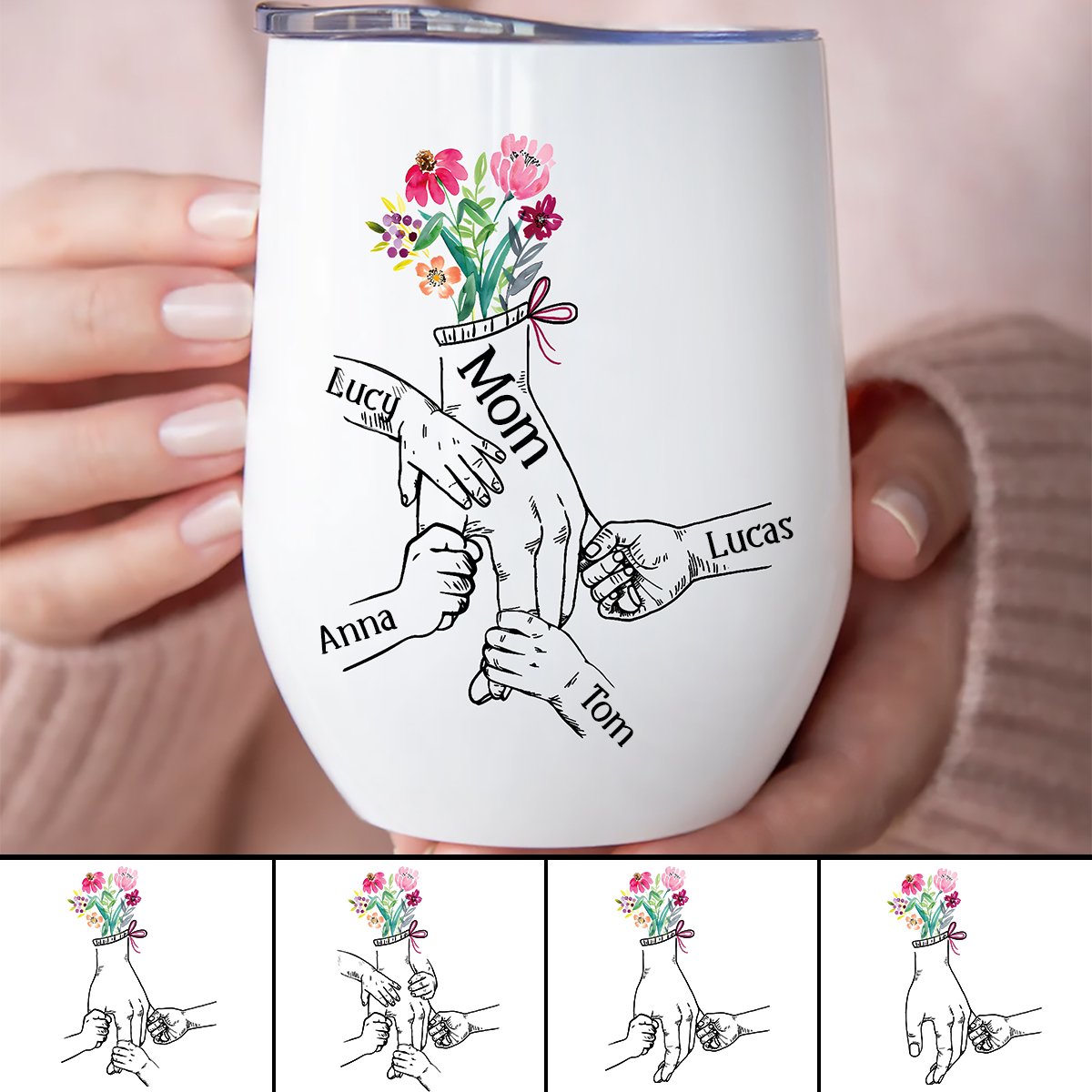 Family - Holding Flowers Hand - Personalized Wine Tumbler - Makezbright Gifts