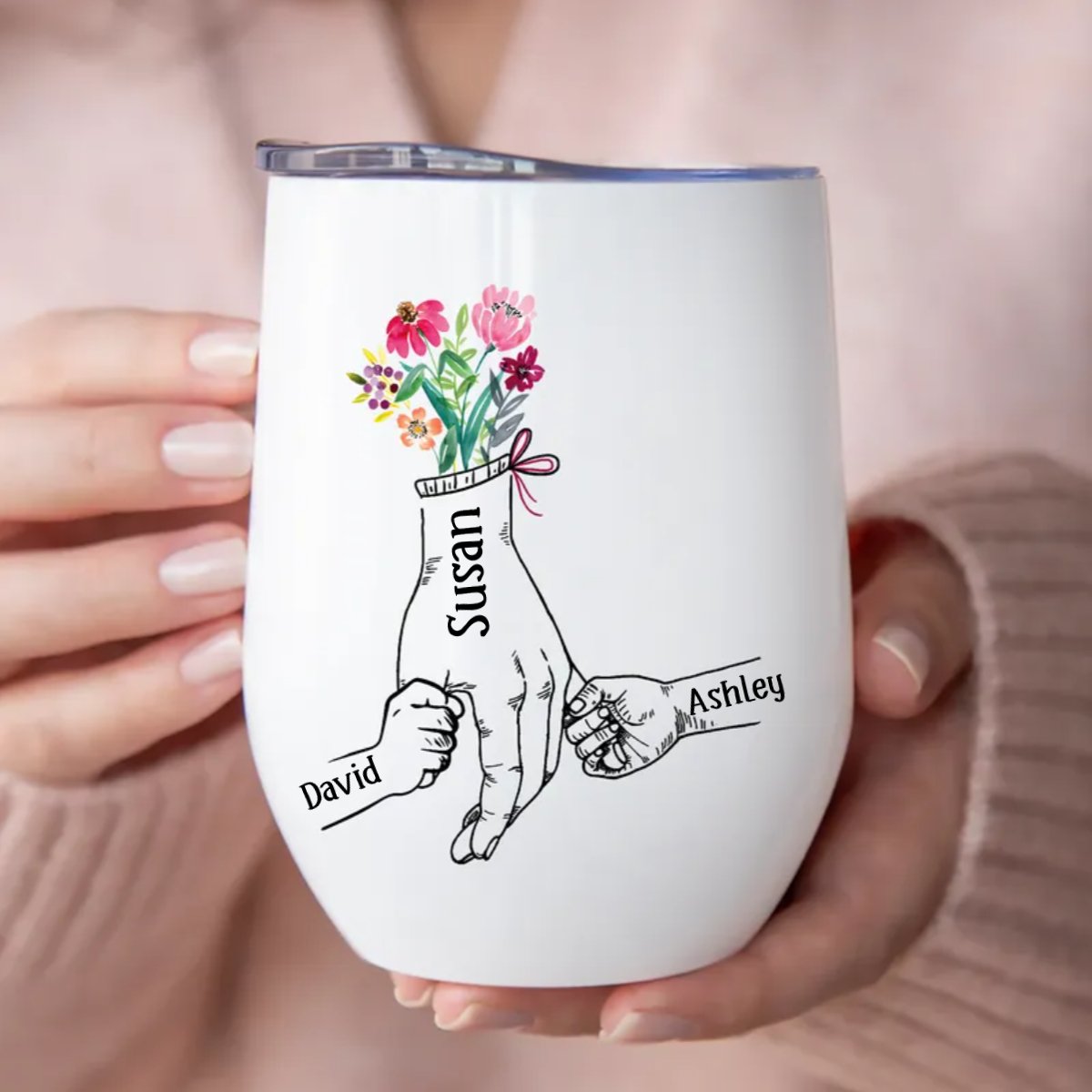 Family - Holding Flowers Hand - Personalized Wine Tumbler - Makezbright Gifts