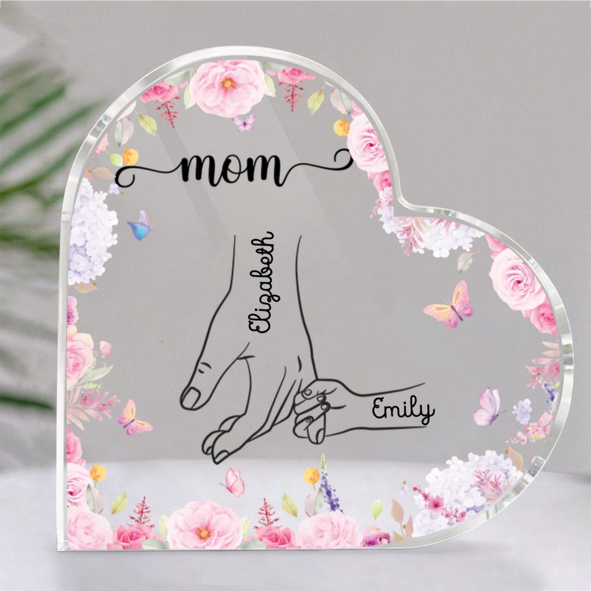 Family - Holding Mom's Hand - Personalized Heart Acrylic Plaque - Makezbright Gifts