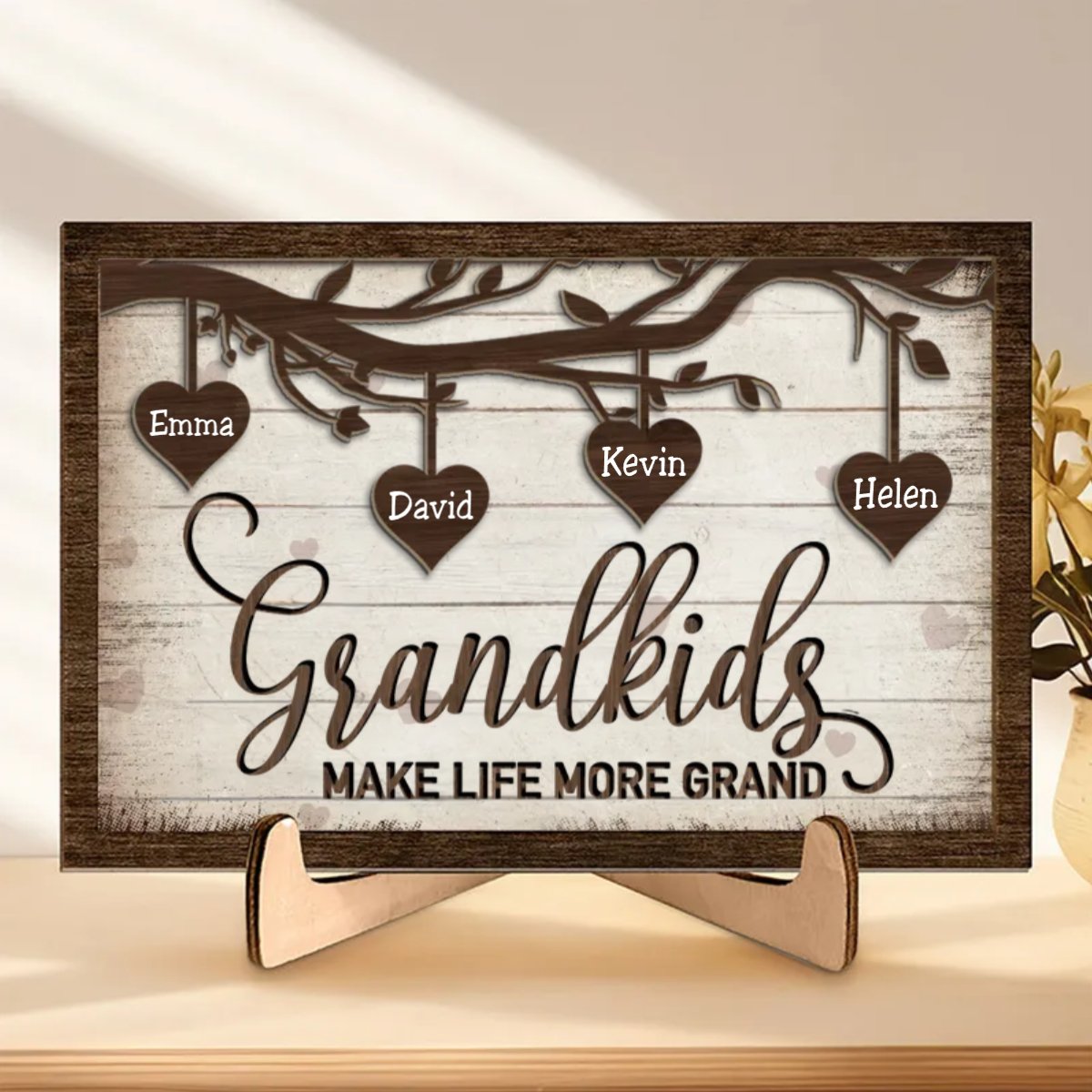 Family - I Love My Grandkids - Personalized 2 - Layered Wooden Plaque With Stand - Makezbright Gifts