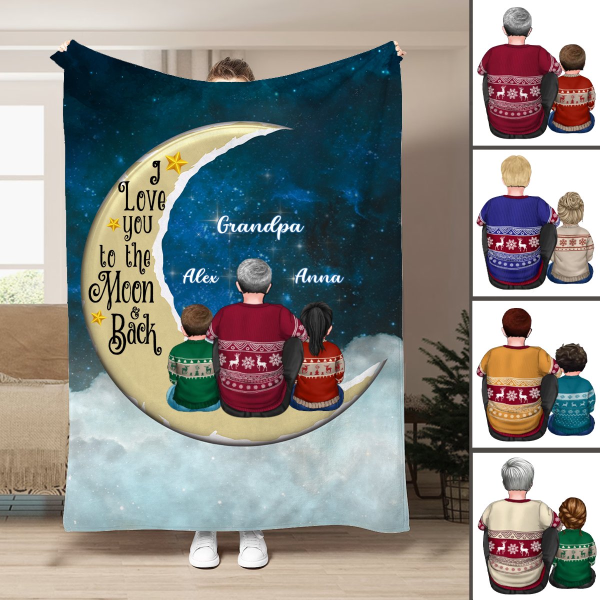 Family - I Love You To The Moon And Back - Personalized Blanket - Makezbright Gifts