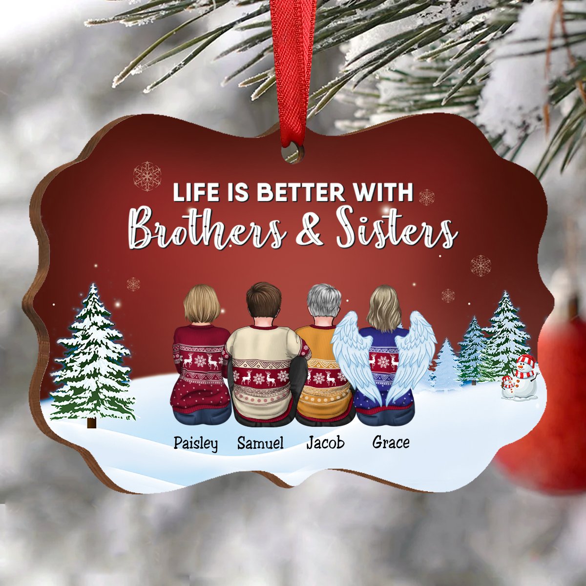 Family - Life Is Better With Brothers & Sisters - Personalized Christmas Ornament (Red) - Makezbright Gifts