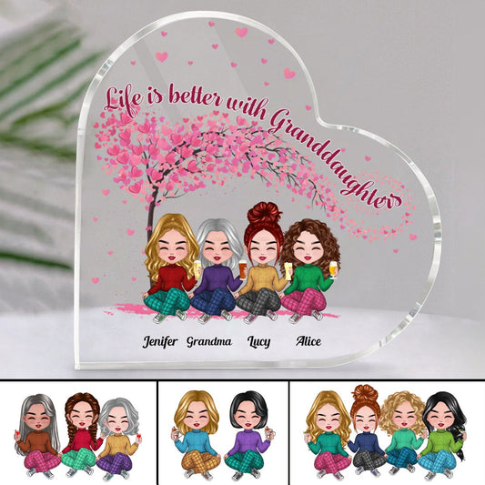 Family - Life Is Better With Granddaughters - Personalized Acrylic Plaque (HEART) - Makezbright Gifts