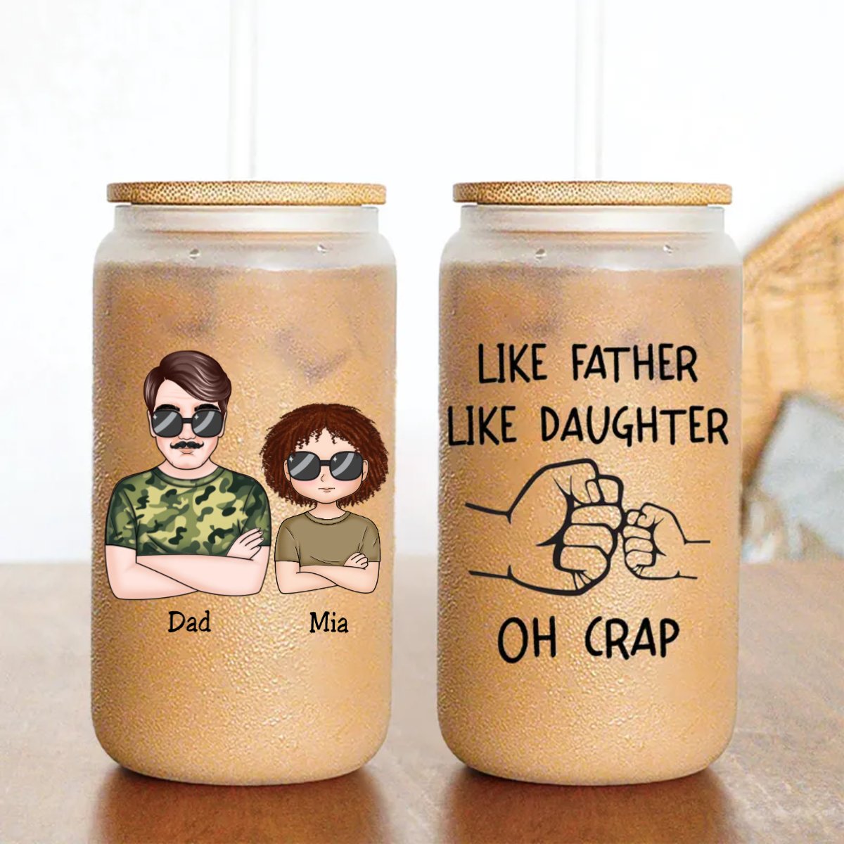 Family - Like Father Like Daughter Fist Bump Handshake - Personalized Glass Can - Makezbright Gifts