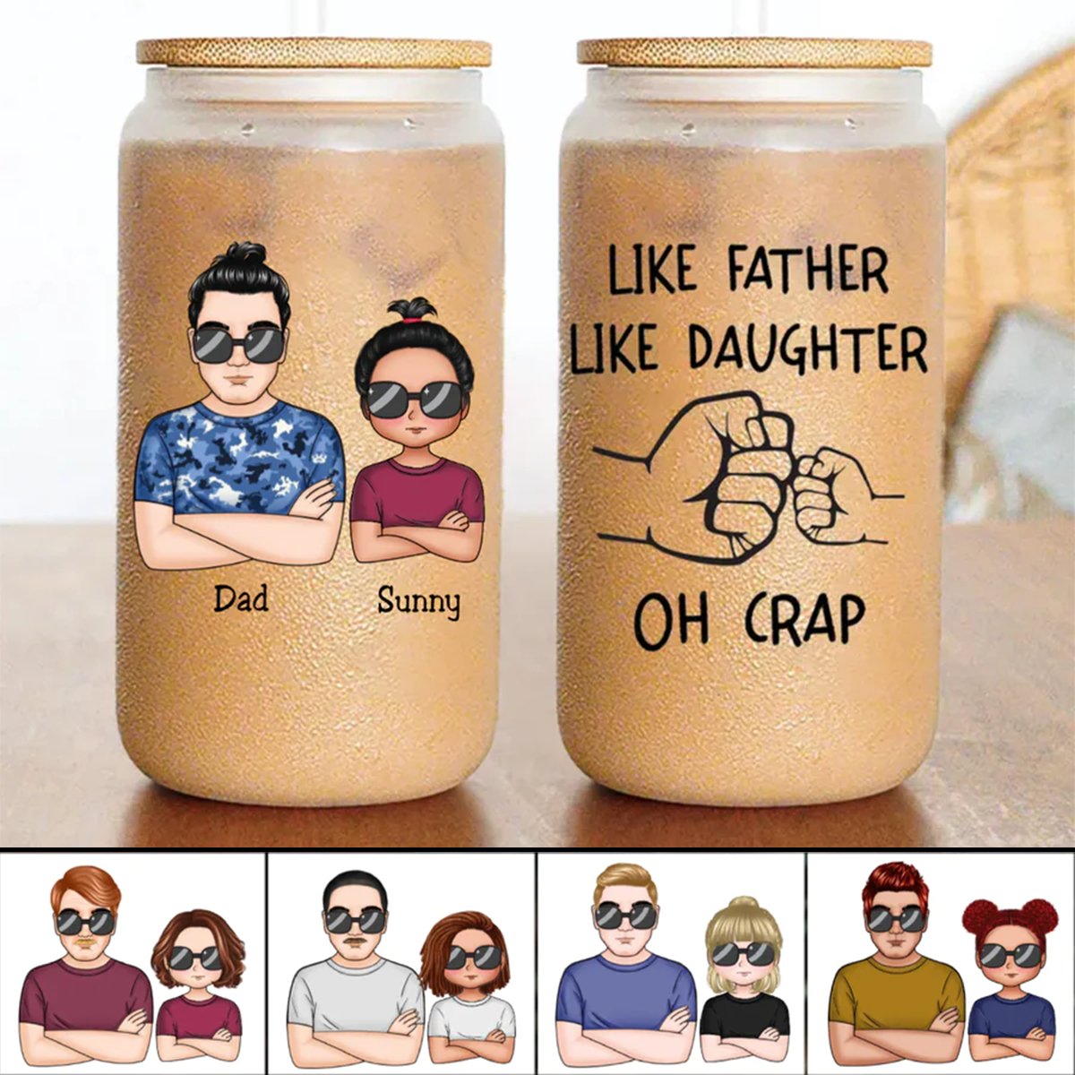 Family - Like Father Like Daughter Fist Bump Handshake - Personalized Glass Can - Makezbright Gifts