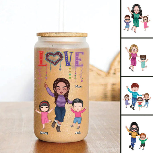 Family - Love Happy Doll Grandma Mom With Kids - Personalized Glass Can - Makezbright Gifts