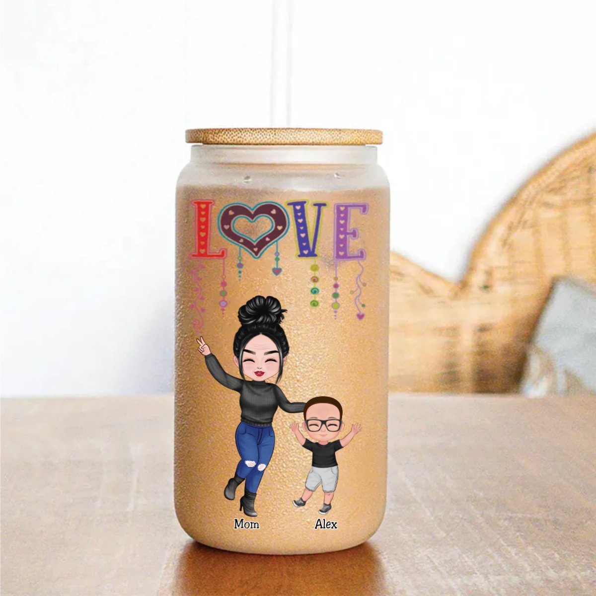 Family - Love Happy Doll Grandma Mom With Kids - Personalized Glass Can - Makezbright Gifts