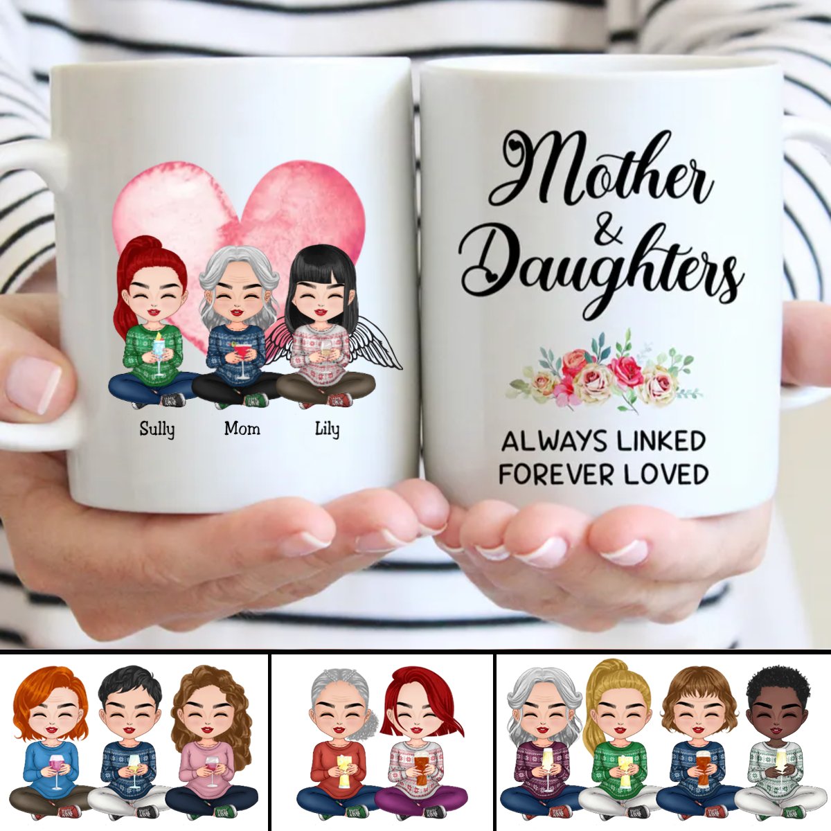 Family - Mother and Daughters Always Linked Forever Loved - Personalized Mug (LL) - Makezbright Gifts