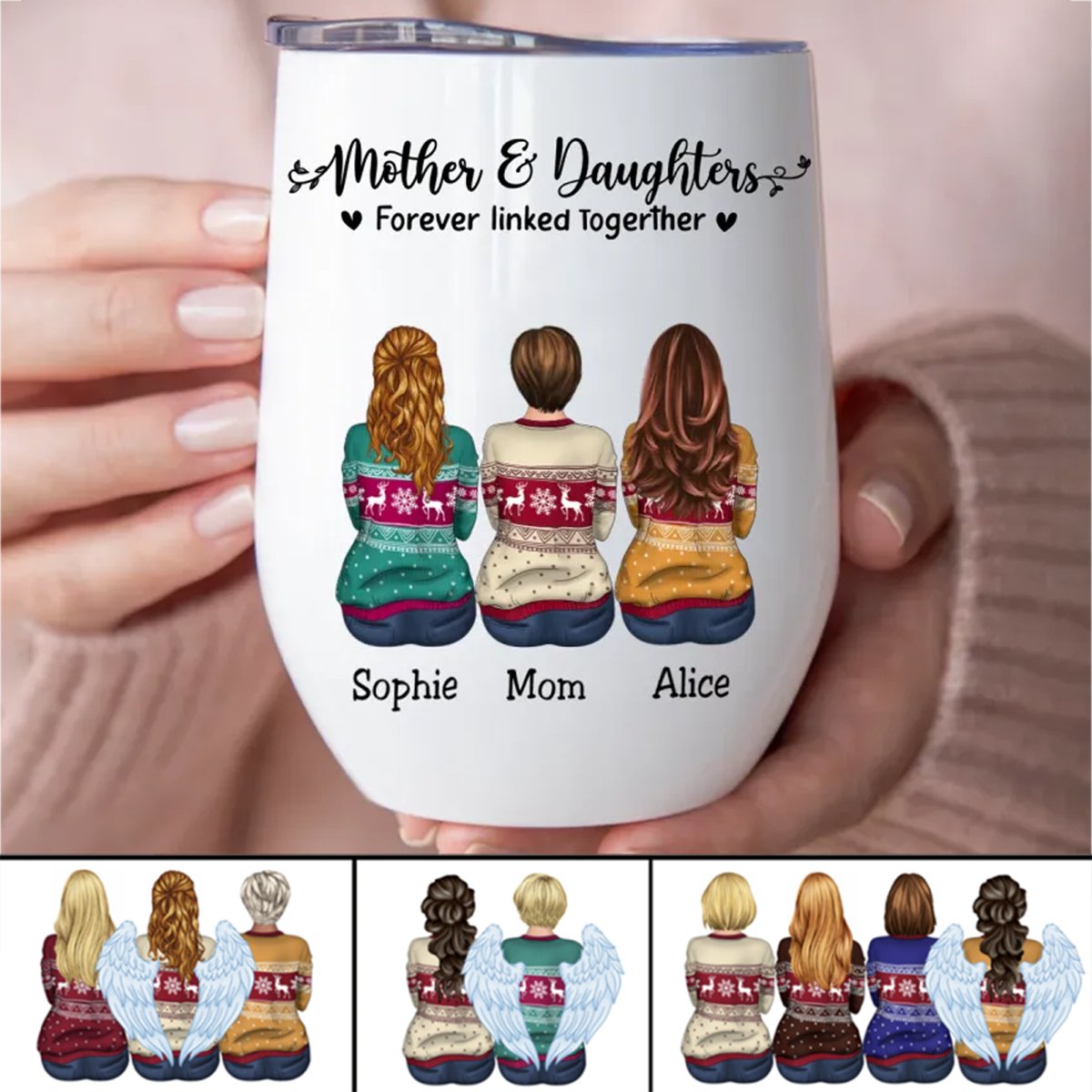 Family - Mother & Daughters Forever Linked Together - Personalized Wine Tumbler (NM) - Makezbright Gifts