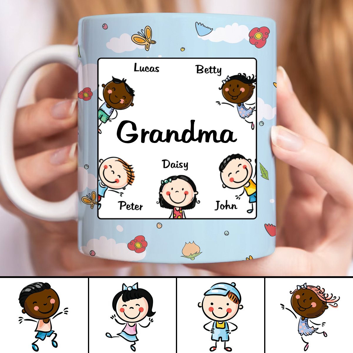 Family - Nana Grandma Mommy Cartoon Happy Kids - Personalized Mug - Makezbright Gifts