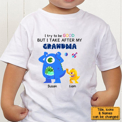 Family - Our First Mother's Day - Personalized Gift For Grandson Takes After Grandma Kid T Shirt - Makezbright Gifts