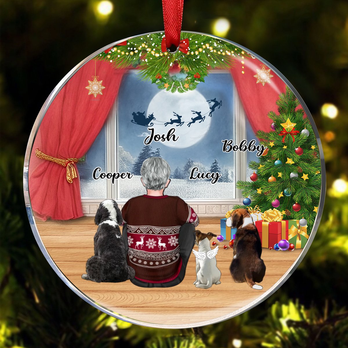 Family - Personalized Gifts For The Whole Family With Dog Waiting for Santa - Personalized Circle Ornament - Makezbright Gifts