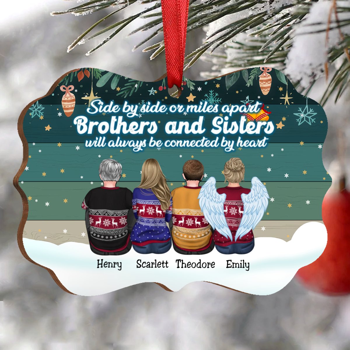 Family - Side By Side Or Miles Apart Brothers And Sisters Will Always Be Connected By Heart - Personalized Acrylic Ornament (Green) - Makezbright Gifts