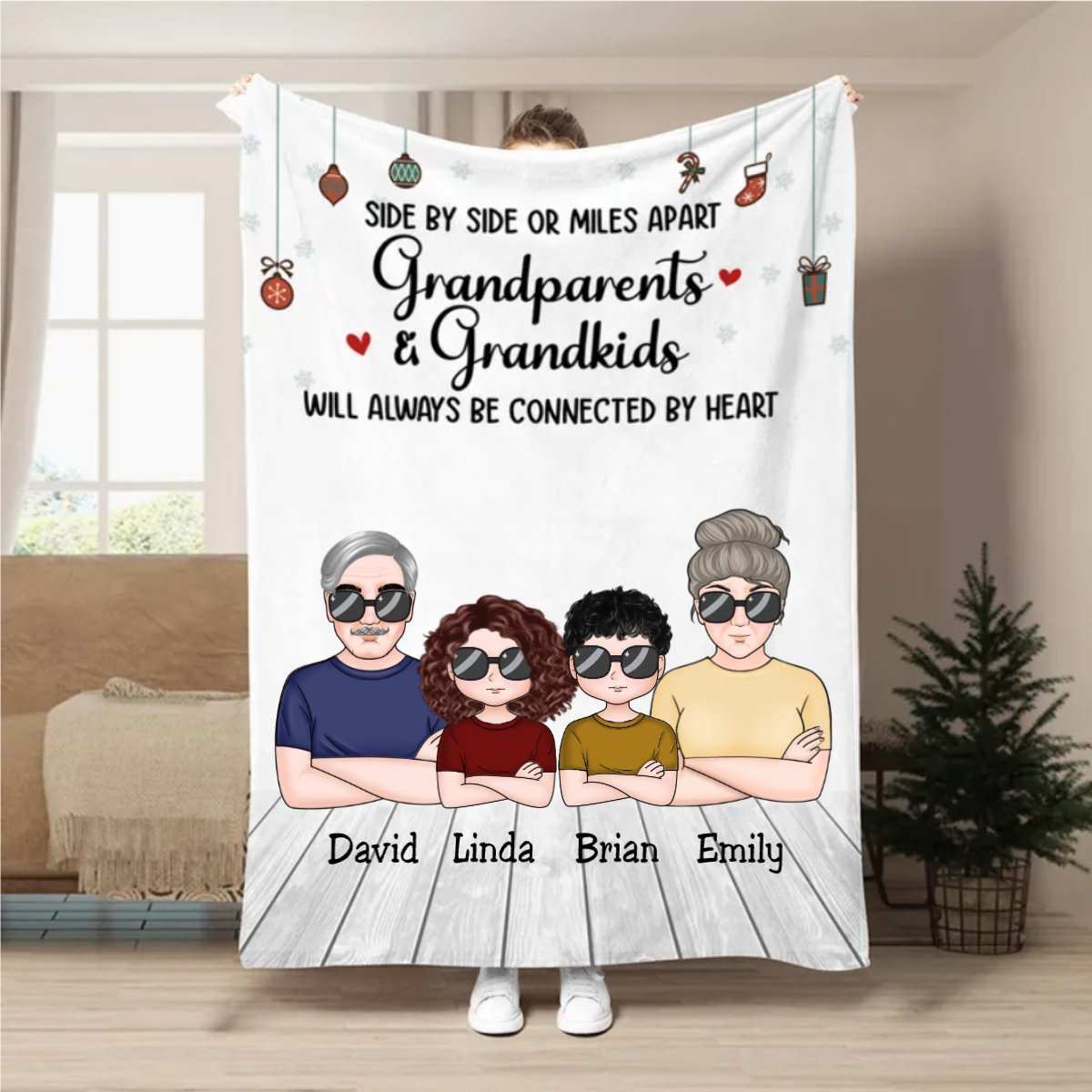 Family - Side By Side Or Miles Apart Grandparents & Grandkids Will Always Be Connected By Heart - Personalized Blanket - Makezbright Gifts