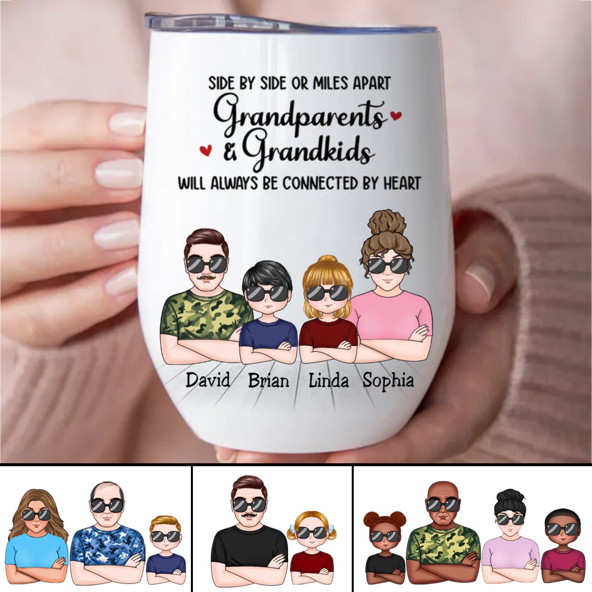 Family - Side By Side Or Miles Apart Grandparents & Grandkids Will Always Be Connected By Heart - Personalized Wine Tumbler - Makezbright Gifts