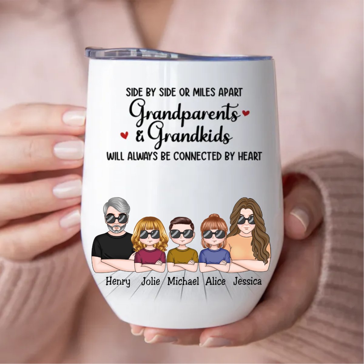 Family - Side By Side Or Miles Apart Grandparents & Grandkids Will Always Be Connected By Heart - Personalized Wine Tumbler - Makezbright Gifts