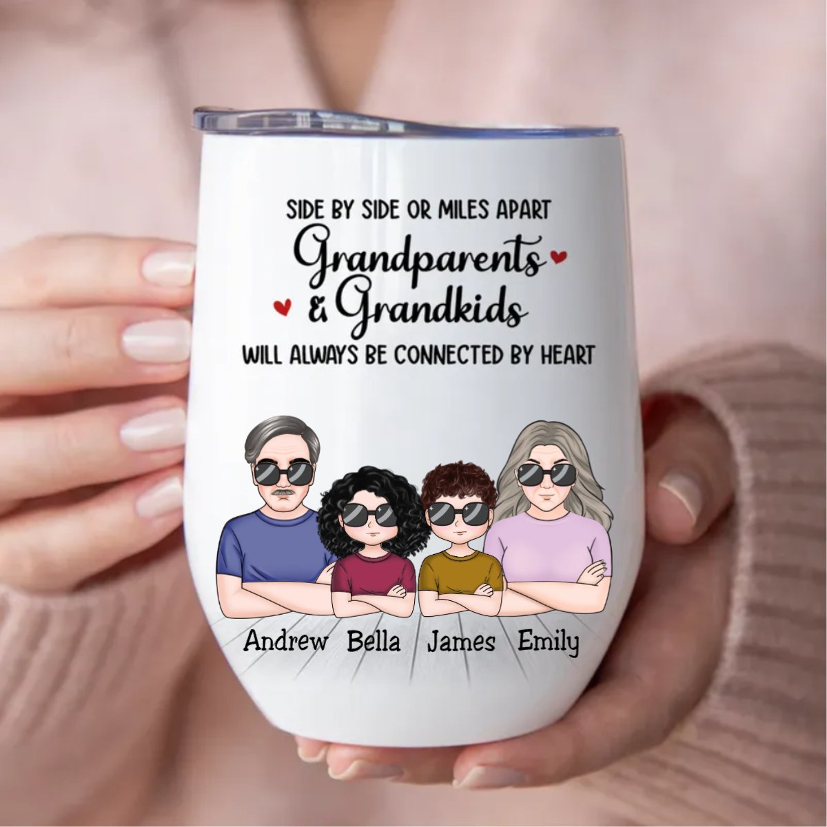 Family - Side By Side Or Miles Apart Grandparents & Grandkids Will Always Be Connected By Heart - Personalized Wine Tumbler - Makezbright Gifts