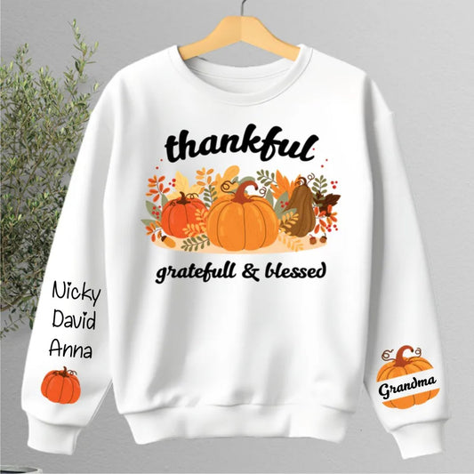 Family - Thankful Grateful And Blessed Grandma Pumpkin - Personalized Sweater - Makezbright Gifts