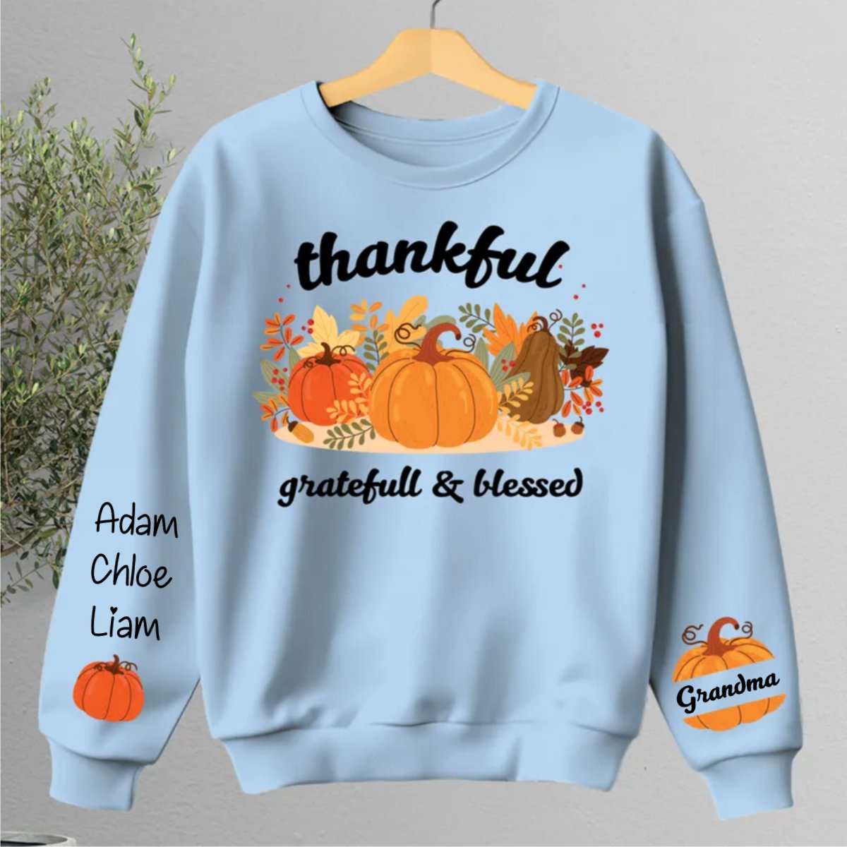 Family - Thankful Grateful And Blessed Grandma Pumpkin - Personalized Sweater - Makezbright Gifts