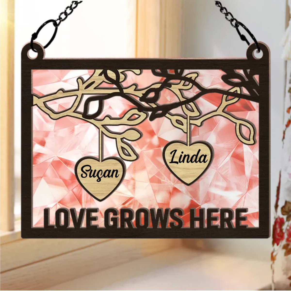 Family - Tree Wood Love Grows Here - Personalized Window Hanging Suncatcher Ornament - Makezbright Gifts