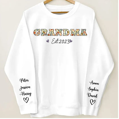 Family - Vintage Flowers Grandma Est With Grandkids Names - Personalized Sleeve Printed Sweatshirt (TL) - Makezbright Gifts