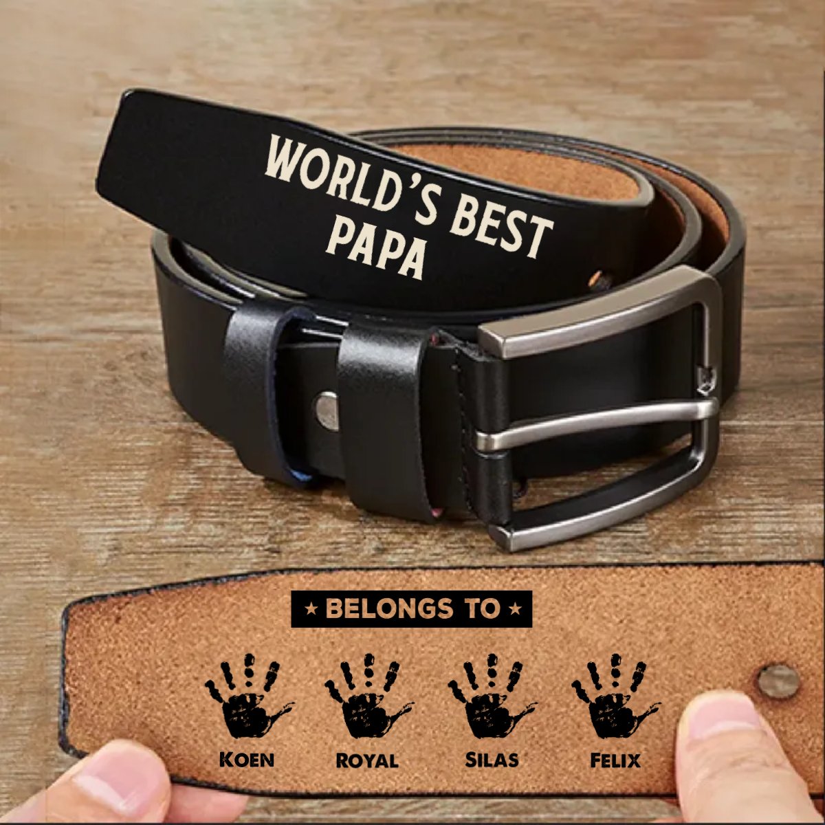 Family - World's Best Papa Belongs To Grandkids - Personalized Engraved Leather Belt - Makezbright Gifts