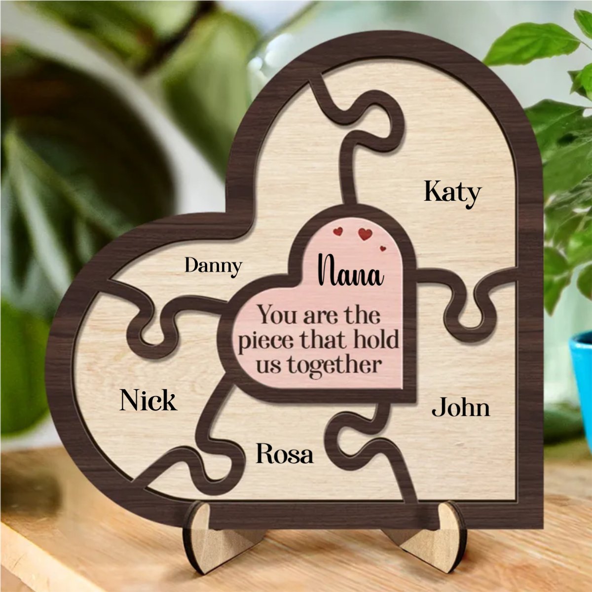 Family - You Are The Piece That Holds Us Together - Personalized 2 - Layered Wooden Plaque With Stand - Makezbright Gifts