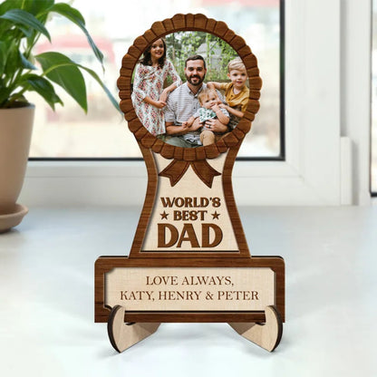 Father - Custom Photo Best Dad Ever - Personalized 2 - Layered Wooden Plaque With Stand - Makezbright Gifts