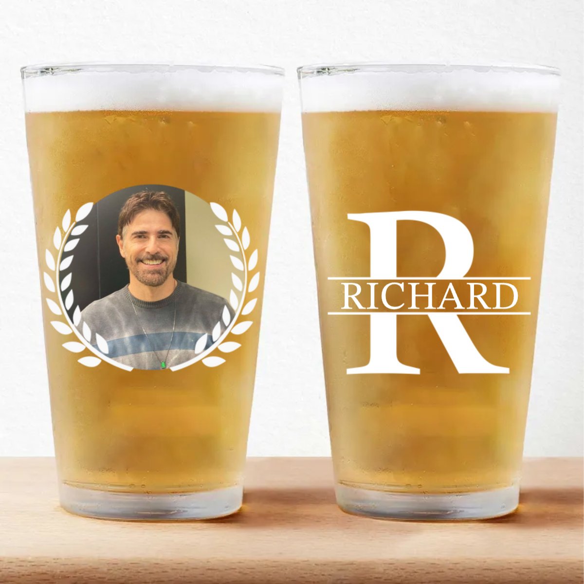 Father - Custom Photo Monogram Name - Personalized Beer Glass (HJ) - Makezbright Gifts