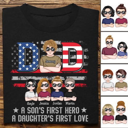 Father's Day - Dad, A Son's First Hero & A Daughter's First Love - Personalized T - Shirt (TT) - Makezbright Gifts