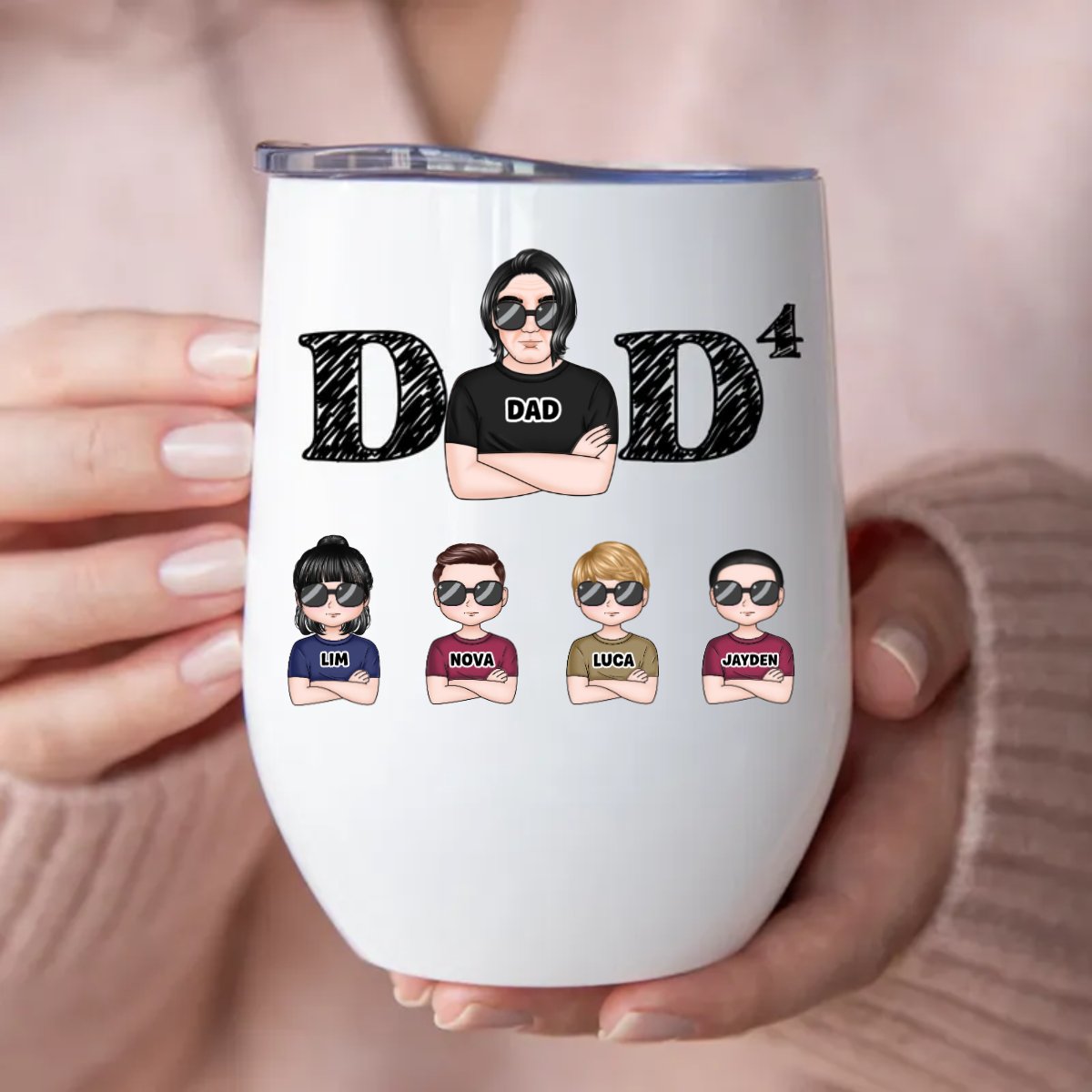 Father's Day - Dad And His Kids - Personalized Wine Tumbler - Makezbright Gifts